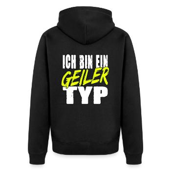 Ich bin ein geiler Typ für Leute mit Humor - Unisex Premium Bio Zip Hoodie - Schwarz - Hinten - Nico (187cm)