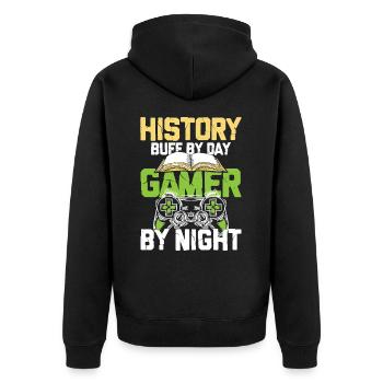 History By Day Gamer By Night - Unisex Premium Bio Zip Hoodie - Schwarz - Hinten - Nico (187cm)