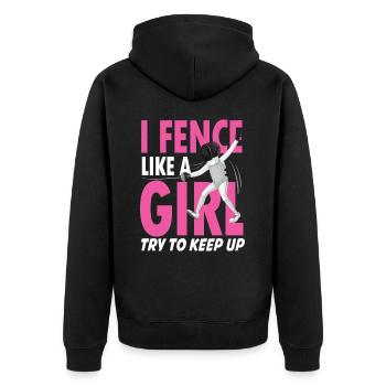 I Fence Try To Keep Up für einen Fechterin - Unisex Premium Bio Zip Hoodie - Schwarz - Hinten - Nico (187cm)