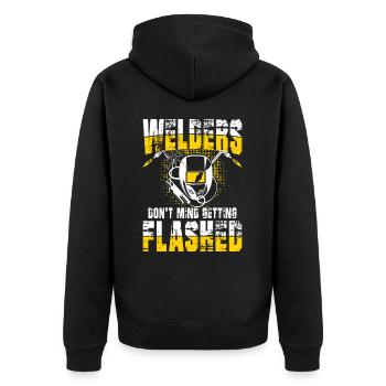 Welders Don't Mind Getting Flashed für einen - Unisex Premium Bio Zip Hoodie - Schwarz - Hinten - Nico (187cm)