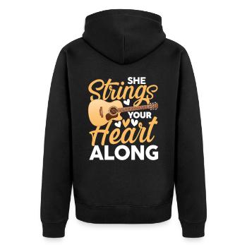 She Strings Your Heart Along - Unisex Premium Bio Zip Hoodie - Schwarz - Hinten - Nico (187cm)