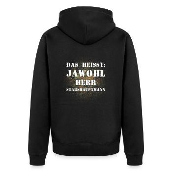 Das heißt Jawohl Herr Stabshauptmann Bundeswehr - Unisex Premium Bio Zip Hoodie - Schwarz - Hinten - Nico (187cm)