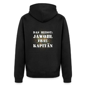 Das heißt Jawohl Frau Kapitän Bundeswehr Offizier - Unisex Premium Bio Zip Hoodie - Schwarz - Hinten - Nico (187cm)