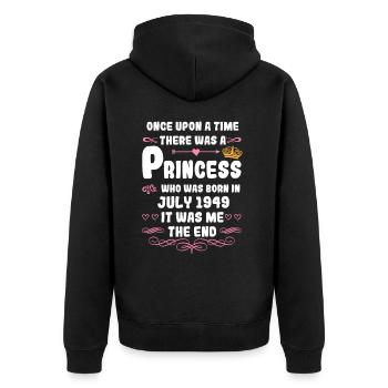 Es war einmal eine Prinzessin. Juli 1949 Geburtsta - Unisex Premium Bio Zip Hoodie - Schwarz - Hinten - Nico (187cm)