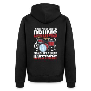 My Money In Drums It's A Sound Investment - Unisex Premium Bio Zip Hoodie - Schwarz - Hinten - Nico (187cm)