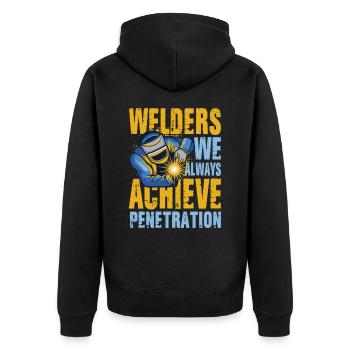 Welders We Always Achieve Penetration für einen - Unisex Premium Bio Zip Hoodie - Schwarz - Hinten - Nico (187cm)