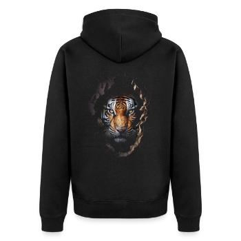 Tiger Wand Loch Raubkatze Tigermotiv Geschenk Tier - Unisex Premium Bio Zip Hoodie - Schwarz - Hinten - Nico (187cm)