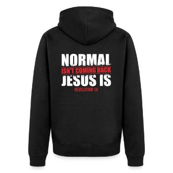 The normal does not come back Revelation - Unisex Premium Organic Zip Hoodie - black - Back - Nico (187cm)