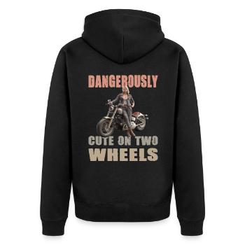 Dangerously On Two Wheels Motorradfaherin - Unisex Premium Bio Zip Hoodie - Schwarz - Hinten - Nico (187cm)