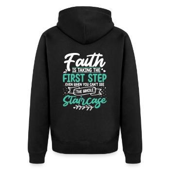Der Glaube Ist Der Erste Schritt Christ Jesus - Unisex Premium Bio Zip Hoodie - Schwarz - Hinten - Nico (187cm)