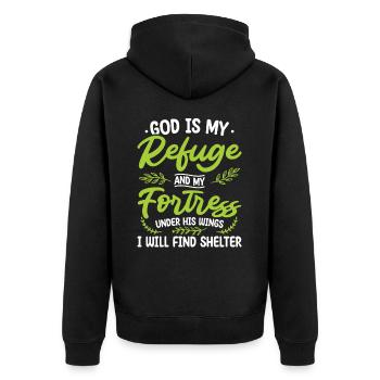 Gott Ist Meine Zuflucht Und Meine Festung - Unisex Premium Bio Zip Hoodie - Schwarz - Hinten - Nico (187cm)