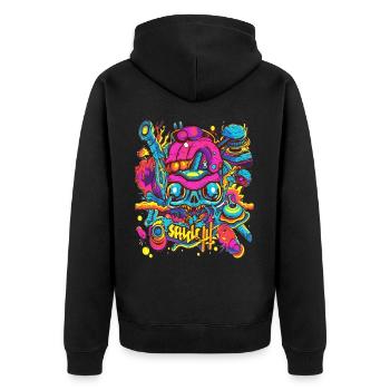 krankes durchgedrehtes buntes Party Design - Unisex Premium Bio Zip Hoodie - Schwarz - Hinten - Nico (187cm)