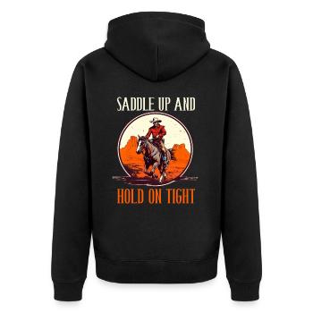 Saddle Up And Hold On Tight für eine Reiterin - Unisex Premium Bio Zip Hoodie - Schwarz - Hinten - Nico (187cm)