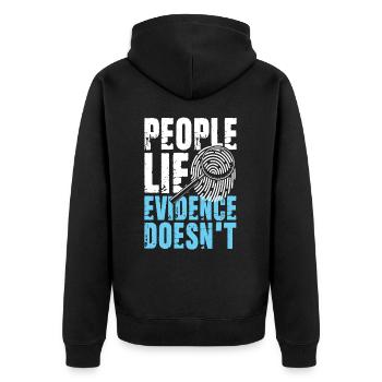 Lustiger Detekiv Spruch Lupe Spuren - Unisex Premium Bio Zip Hoodie - Schwarz - Hinten - Nico (187cm)