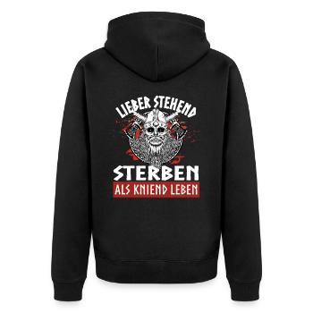 Lieber stehend sterben als kniend leben - Unisex Premium Bio Zip Hoodie - Schwarz - Hinten - Nico (187cm)