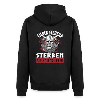 Notizbuch Lieber stehend sterben als kniend leben - Unisex Premium Bio Zip Hoodie - Schwarz - Hinten - Nico (187cm)