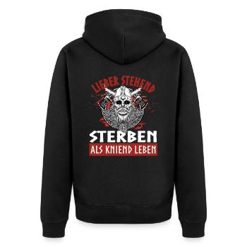 Lieber stehend sterben als kniend leben - Unisex Premium Bio Zip Hoodie - Schwarz - Hinten - Nico (187cm)