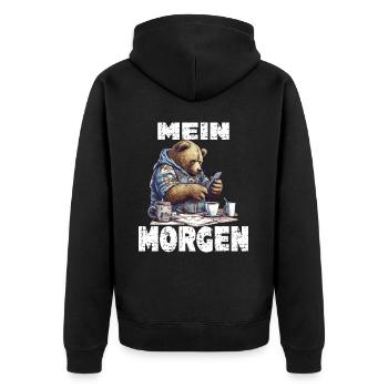 Mein Morgen Bär Zeitung Lesen - Unisex Premium Bio Zip Hoodie - Schwarz - Hinten - Nico (187cm)