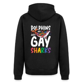 Dolphins Are Just Gay Sharks - Unisex Premium Bio Zip Hoodie - Schwarz - Hinten - Nico (187cm)