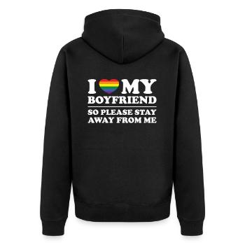 I Love My Boyfriend So Please Stay Away From Me - Unisex Premium Bio Zip Hoodie - Schwarz - Hinten - Nico (187cm)