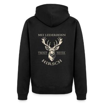 Mei Lederhosn trogt no da Hirsch Lederhose Ersatz - Unisex Premium Bio Zip Hoodie - Schwarz - Hinten - Nico (187cm)