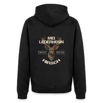 Mei Lederhosn trogt no da Hirsch Lederhose Ersatz - Unisex Premium Bio Zip Hoodie - Schwarz - Hinten - Nico (187cm)