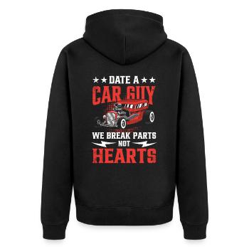 Date Car Guy We Break Parts Not Hearts - Unisex Premium Bio Zip Hoodie - Schwarz - Hinten - Nico (187cm)