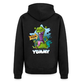 Pizza Monster Alien - Yummy Spruch - Unisex Premium Bio Zip Hoodie - Schwarz - Hinten - Nico (187cm)