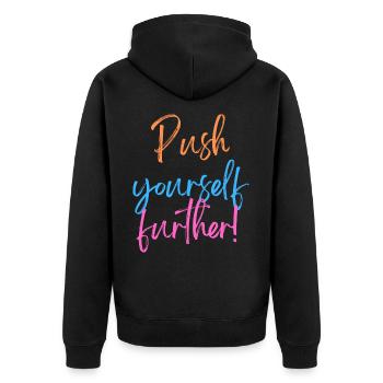 KDFA I Push yourself further! - Unisex Premium Bio Zip Hoodie - Schwarz - Hinten - Nico (187cm)