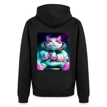 Big cat drinks tea in space - Unisex Premium Organic Zip Hoodie - black - Back - Nico (187cm)