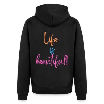KDFA I Life is beautiful! - Unisex Premium Bio Zip Hoodie - Schwarz - Hinten - Nico (187cm)