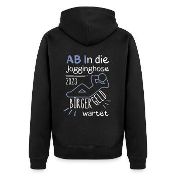 AB In die Jogginghose Bürgergeld wartet blau - Unisex Premium Bio Zip Hoodie - Schwarz - Hinten - Nico (187cm)