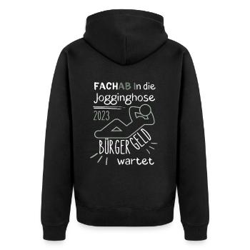 FACHAB In die Jogginghose Bürgergeld wartet grün - Unisex Premium Bio Zip Hoodie - Schwarz - Hinten - Nico (187cm)