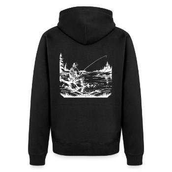 Fisherman Weißer Aufdruck - Unisex Premium Bio Zip Hoodie - Schwarz - Hinten - Nico (187cm)