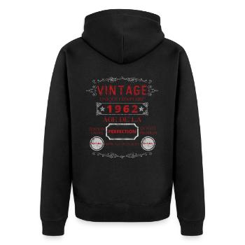 Zeitalter der Vintage-Perfektion 1962 - Unisex Premium Bio Zip Hoodie - Schwarz - Hinten - Nico (187cm)