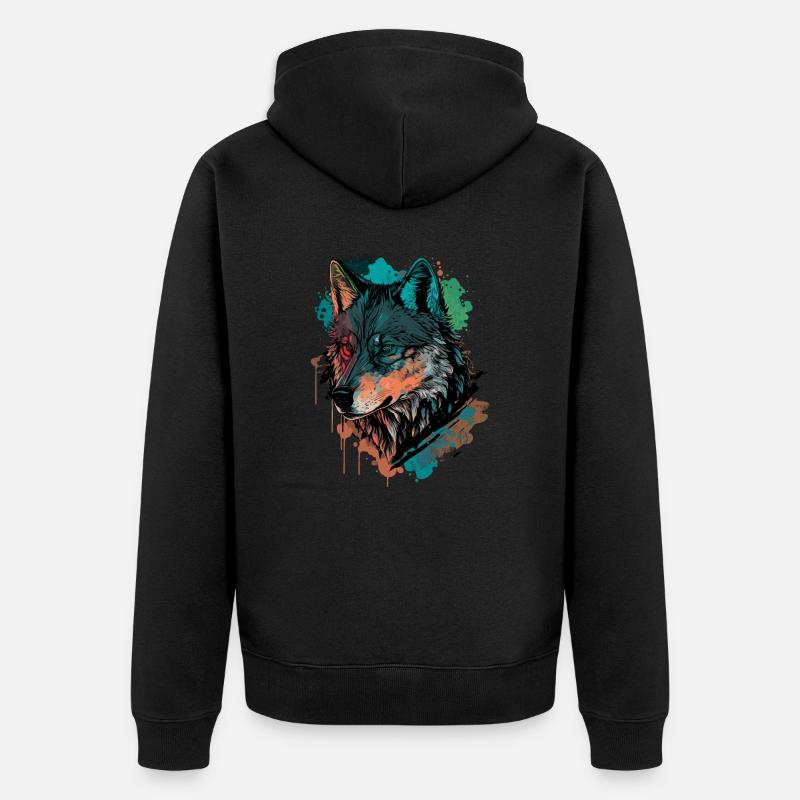 Cooles digitales Gemälde eines Wolfes - Unisex Premium Bio Zip Hoodie - Schwarz