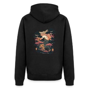 Landschaft Holzschnitt - Unisex Premium Bio Zip Hoodie - Schwarz - Hinten - Nico (187cm)