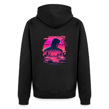 Synthwave City Skyline - Unisex Premium Bio Zip Hoodie - Schwarz - Hinten - Nico (187cm)