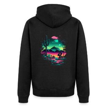 Futuristischer Berg - Unisex Premium Bio Zip Hoodie - Schwarz - Hinten - Nico (187cm)