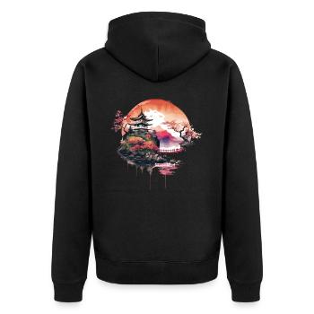 Japanischer Tempel auf dem Berg - Unisex Premium Bio Zip Hoodie - Schwarz - Hinten - Nico (187cm)
