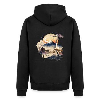 Snowy Mountain - Japanische Aquarellkunst - Unisex Premium Bio Zip Hoodie - Schwarz - Hinten - Nico (187cm)