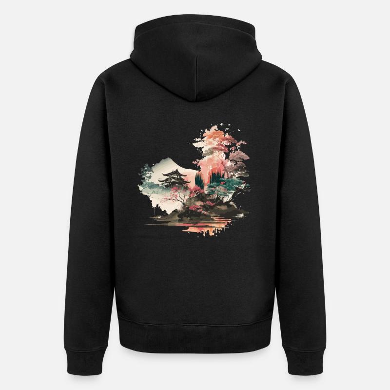 Paysage de gravure sur bois - Veste à capuche bio Premium Unisexe - noir