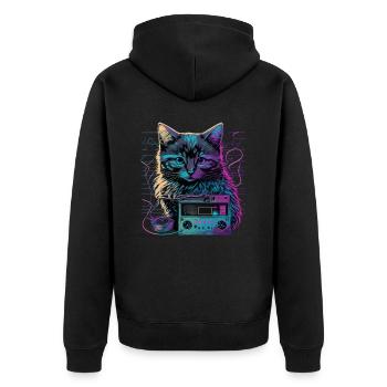 Katze mit Kassette - Unisex Premium Bio Zip Hoodie - Schwarz - Hinten - Nico (187cm)