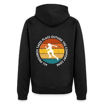 Fortschritt findet außerhalb der Komfortzone statt - Unisex Premium Bio Zip Hoodie - Schwarz - Hinten - Nico (187cm)
