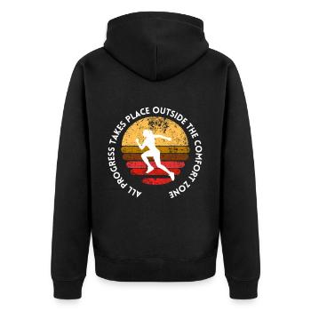 ALL PROGRESS TAKES PLACE OUTSIDE THE COMFORT ZONE - Unisex Premium Bio Zip Hoodie - Schwarz - Hinten - Nico (187cm)
