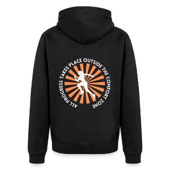 Fortschritt außerhalb der komfortzone - Unisex Premium Bio Zip Hoodie - Schwarz - Hinten - Nico (187cm)