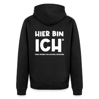 Hier bin ich. Kann spuren von Alkohol enthalten. - Unisex Premium Bio Zip Hoodie - Schwarz - Hinten - Nico (187cm)