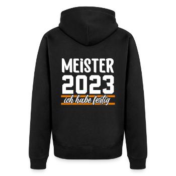 Meister 2023 Meisterprüfung Meisterbrief - Unisex Premium Bio Zip Hoodie - Schwarz - Hinten - Nico (187cm)