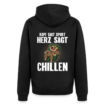 Kopf Sagt Sport Herz Sagt Chillen - Unisex Premium Bio Zip Hoodie - Schwarz - Hinten - Nico (187cm)