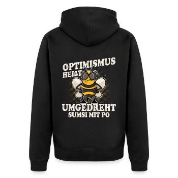 Optimismus Heißt Umgedreht Sumsi Mit Po - Unisex Premium Bio Zip Hoodie - Schwarz - Hinten - Nico (187cm)